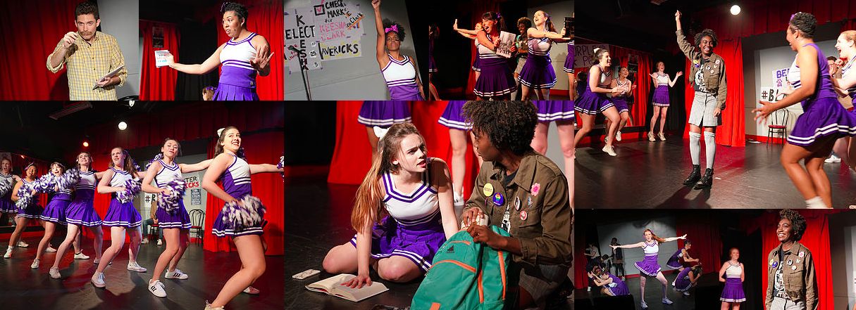 A collage of scenes from the show: cheerleaders in purple and white, a campaign rally, a teacher at a podium and the cast mid-dance.