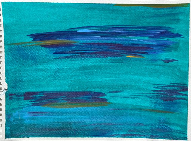 Abstract acrylic painting of bright teal with horizontal strokes of dark blue and touches of gold.