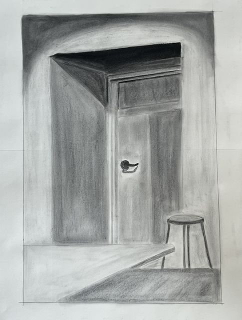 Charcoal drawing of a half-open interior door with a round knob, a stool beside it and light falling across the floor.