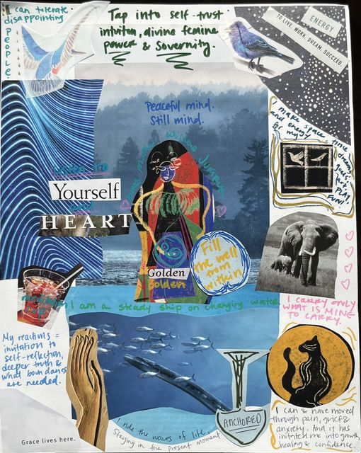 Collage of ocean and sky imagery in blues, with a colorful figure at the center, birds, an elephant, a black cat and handwritten affirmations in marker.