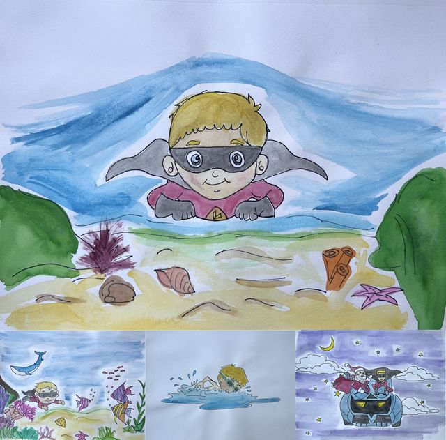 Four watercolor illustrations from a children's book. In the largest, a boy in a gray superhero mask with pointed ears peeks over a sandy beach with shells and a starfish, under a blue sky.