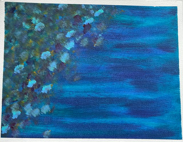Abstract acrylic painting in deep blues with dabs of pale blue and teal along the left edge, like light on water.