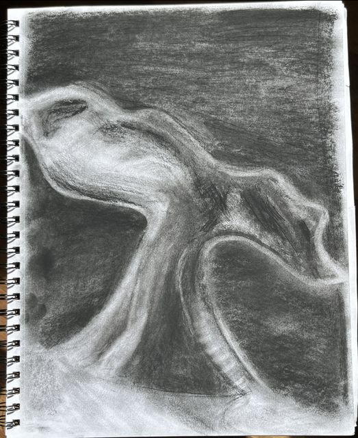Charcoal drawing in a spiral sketchbook of a whale's tail curving down as it dives into dark water.