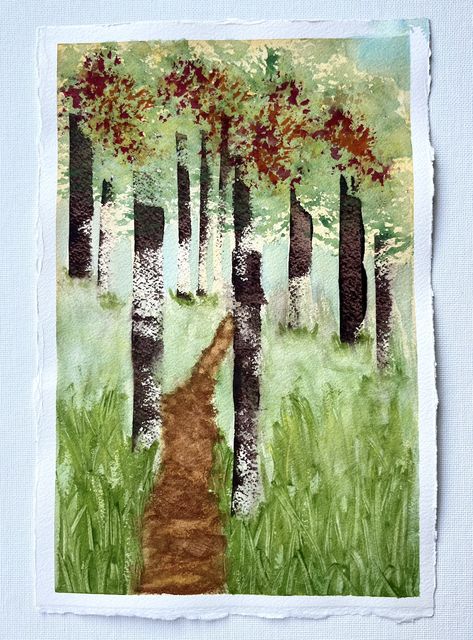 Watercolor of a forest of dark aspen trunks under red and green leaves, with a brown path winding through tall green grass.