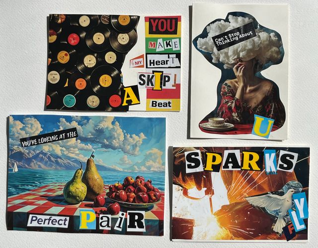 Four collage cards made from magazine cutouts, with ransom-note letters spelling YOU MAKE MY HEART SKIP A BEAT, CAN'T STOP THINKING ABOUT U, PERFECT PAIR and SPARKS FLY.