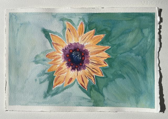 Watercolor of an orange flower with a dark purple center on a mottled teal-green background.